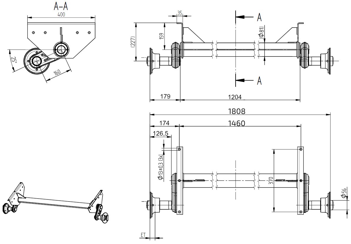 Náprava KNOTT G 13 (1300 kg) b=1460 mm, 100x4, vysoké patky (Sacher)
