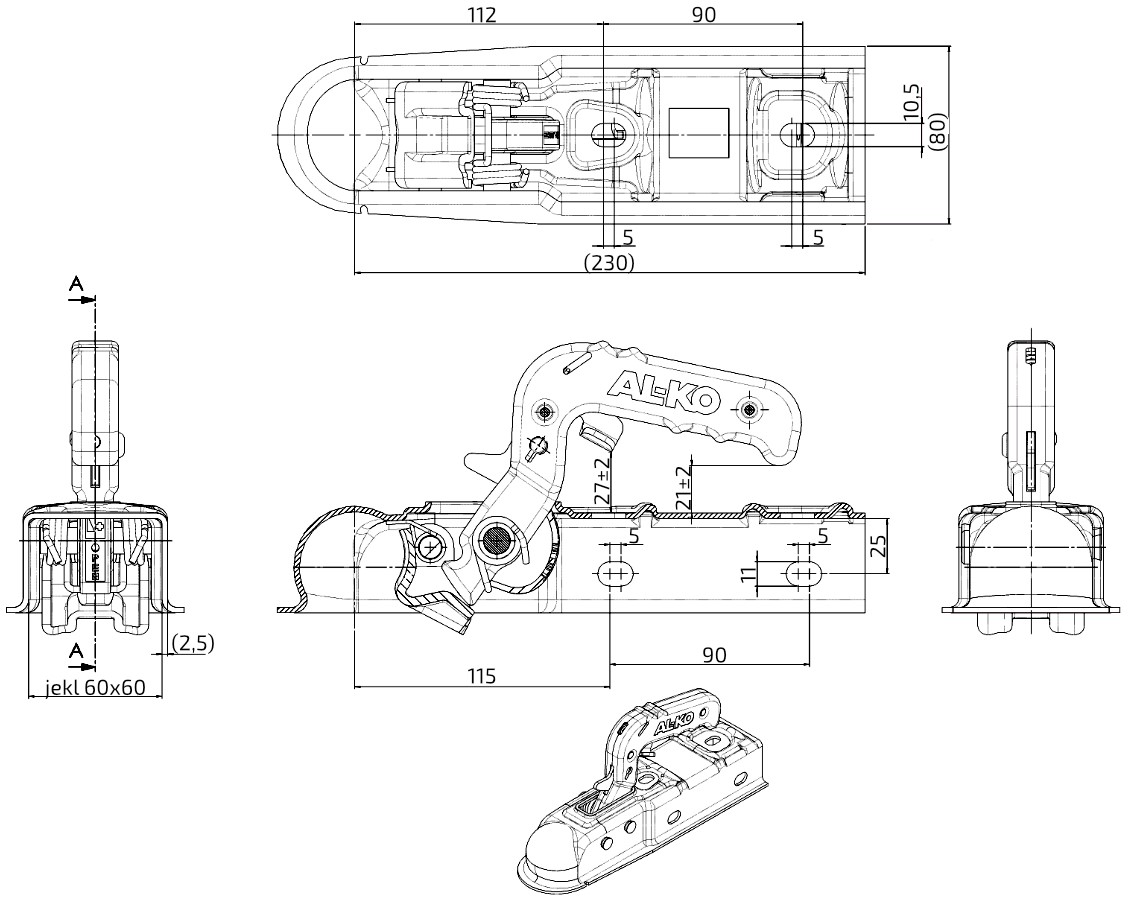 Tažná spojka AL-KO, AK 7 Plus E, 60x60mm, vrtání 10,5mm