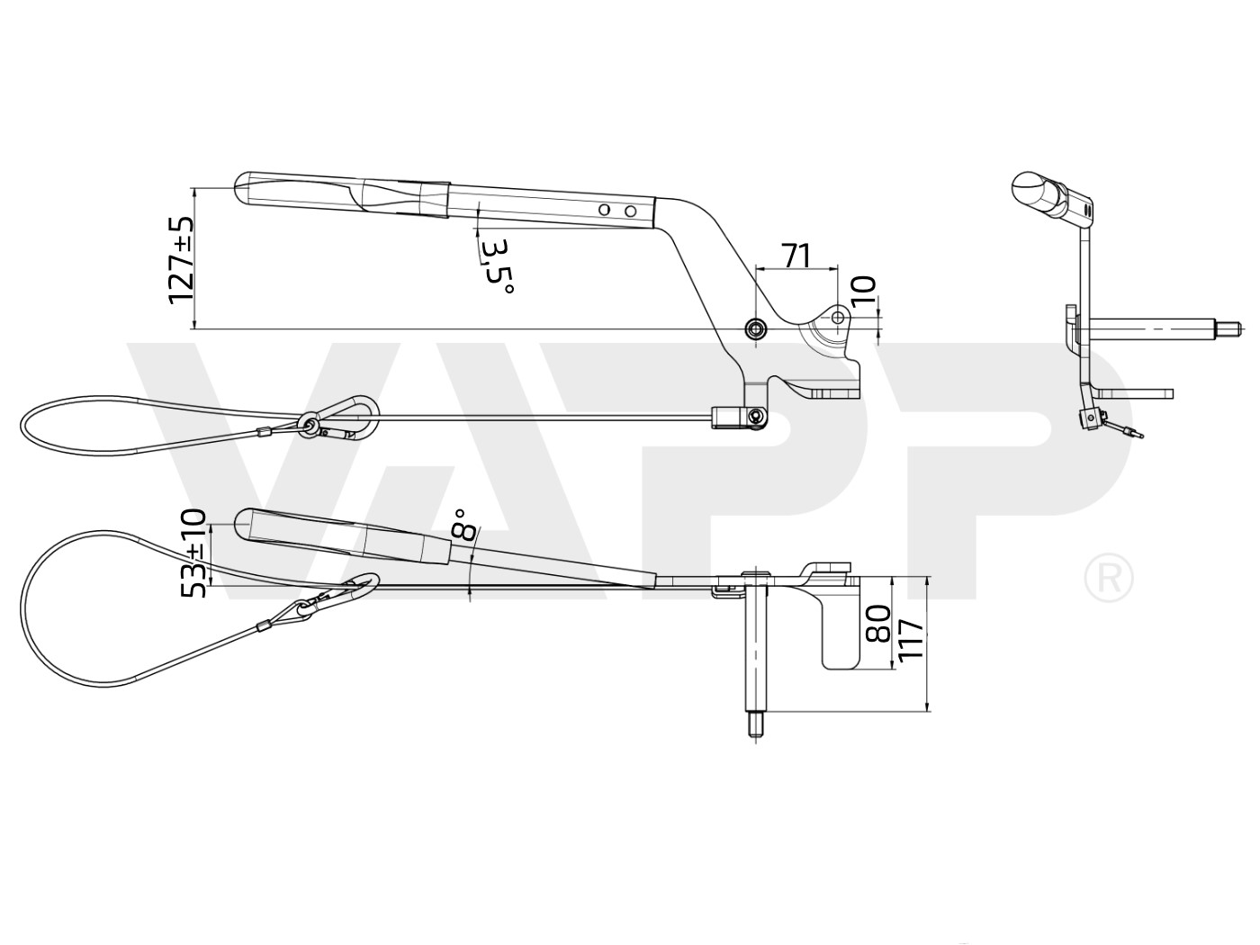 Páka ruční brzdy KNOTT KFG35 nízká (pro plynopružinový zásobník GF)