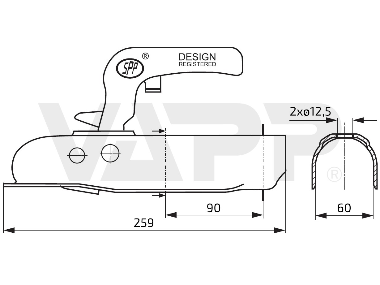 Tažná spojka SPP ZSK-750D, 750 kg, 60 mm, V12