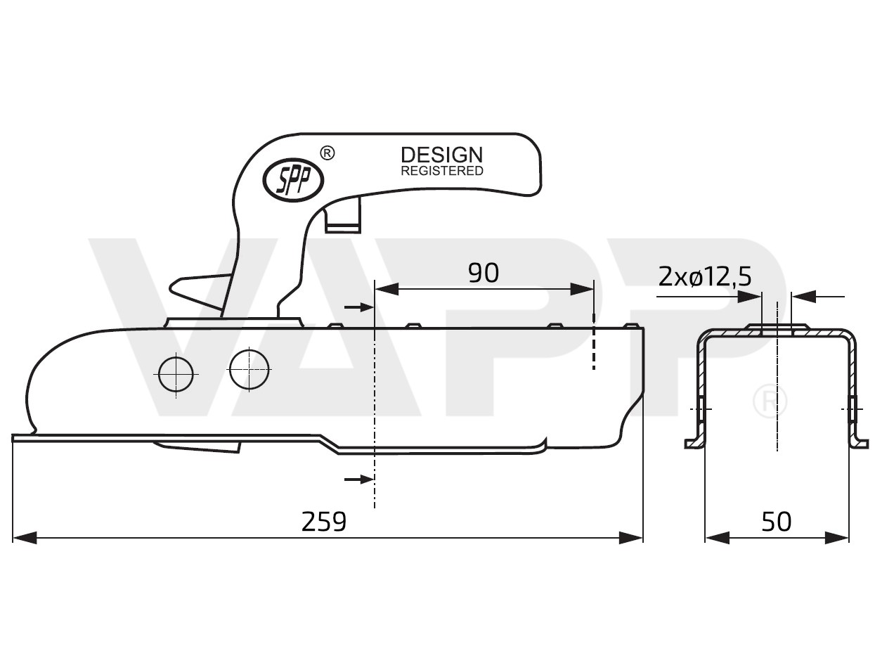 Tažná spojka SPP ZSK-750H, 750 kg, 50x50 mm, V12