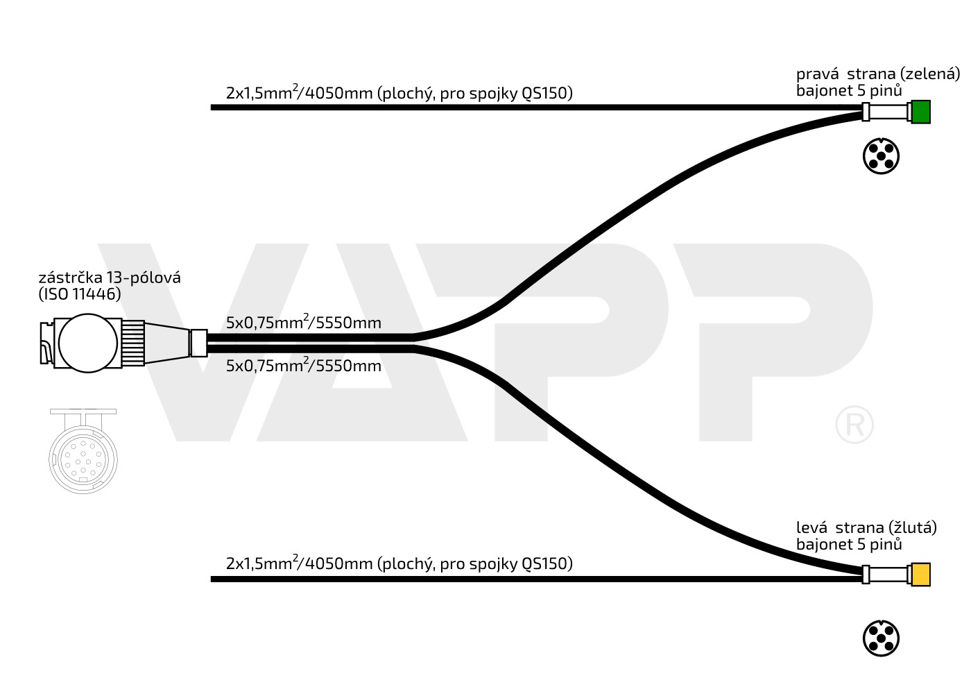 Kabeláž 5,55 m/13-pól/baj5/vývody QS75, VAPP PROFI 8 Lucidity kompatibilní