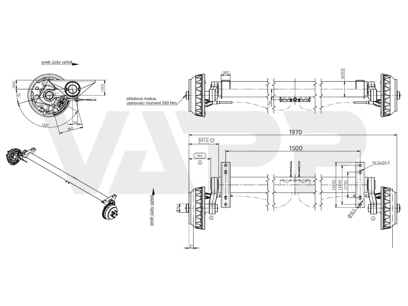 Náprava KNOTT GB 18 (1800 kg) b=1500 mm, c=1970 mm, 250x40, 112x5, s přípravou pro tlumiče