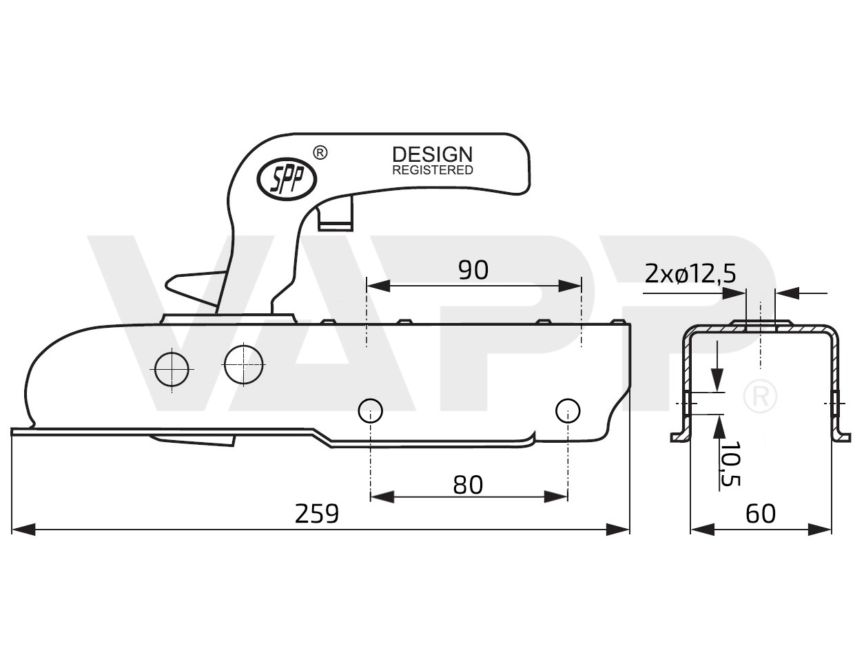 Tažná spojka SPP ZSK-750I, 750 kg, 60x60 mm, H10V12