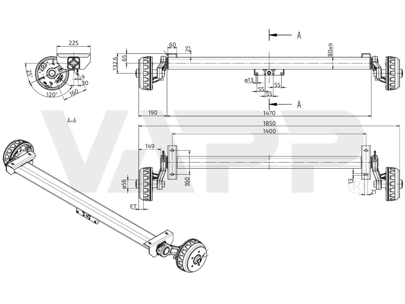 Náprava KNOTT VGB 13 (1350 kg) a=1400 mm, c=1850 mm, 200x50, 112x5