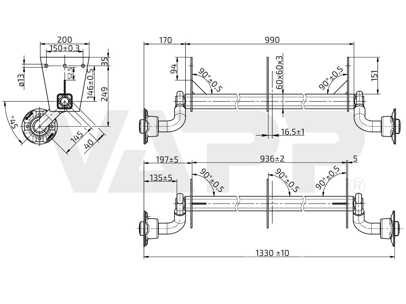 Náprava KNOTT VG 7 (750 kg) b=936 mm, c=1330 mm, 100x4, atyp patky