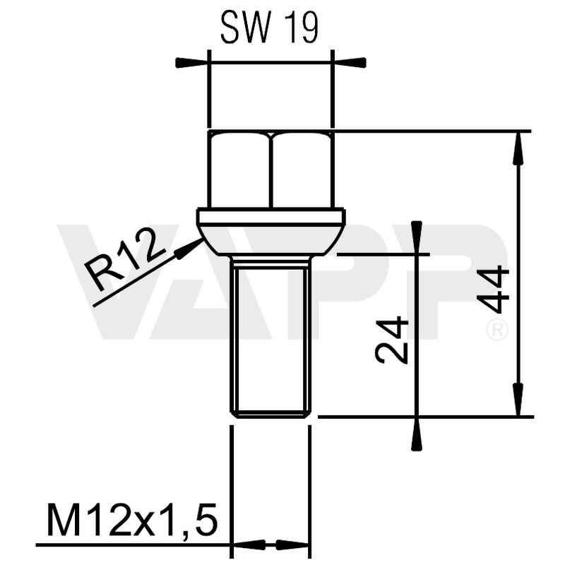 Šroub kolový M12x1,5x24 kulový 8.8