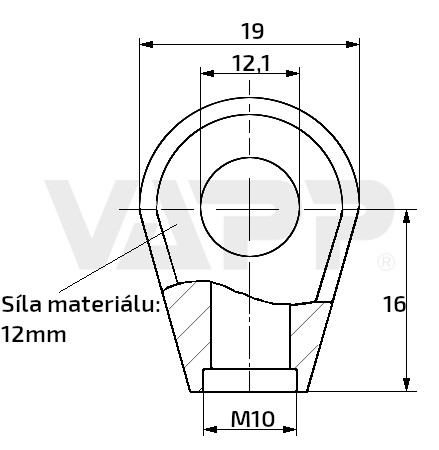 Oko k plynové vzpěře 19x16x12, otvor 12,1mm, pro závit M10