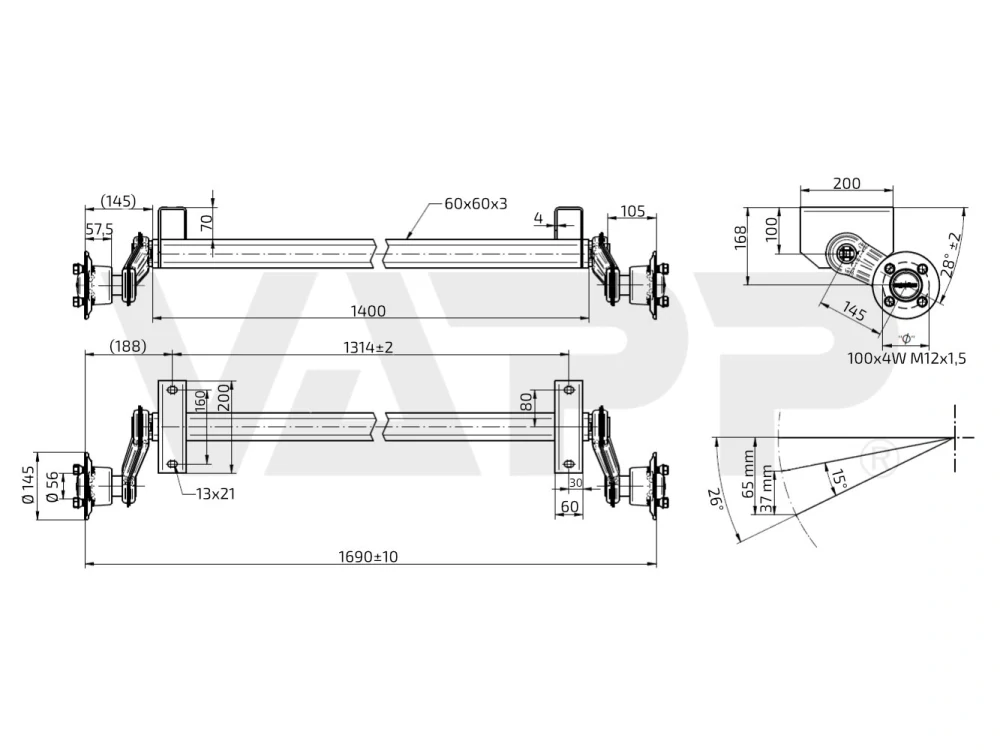 Náprava KNOTT VG 7L (750 kg) b=1314 mm, c=1690 mm, 100x4, AGA KIT EM/EP 3, 5, 6