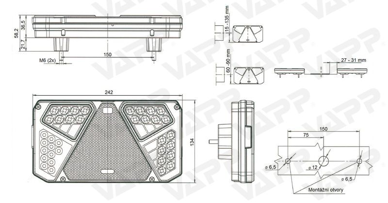 Svítilna WAS W125DL/915 sdružená LED 12-24V, L-BL/BR/KO/ML/CO, kabel 2m 