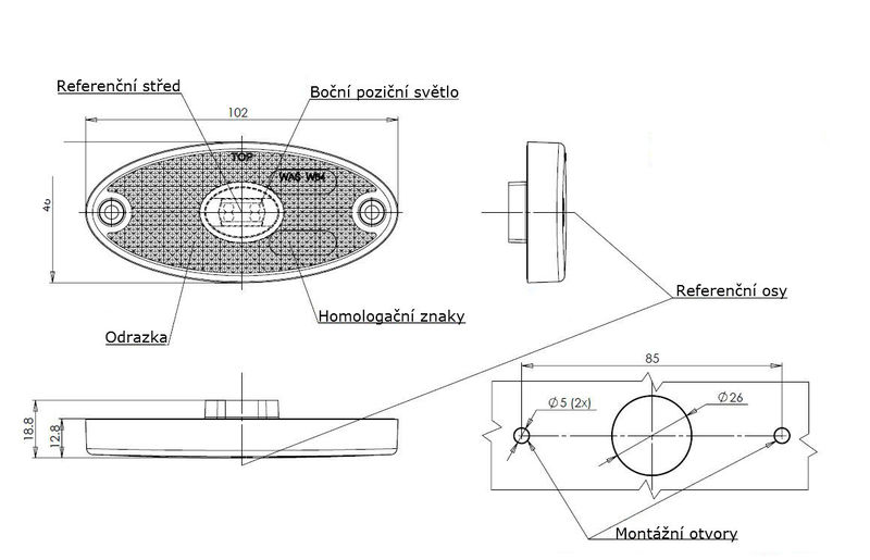 Svítilna boční obrysová LED WAS W64, 12-24V, s odrazkou, konektor Jaeger 0.5 m 