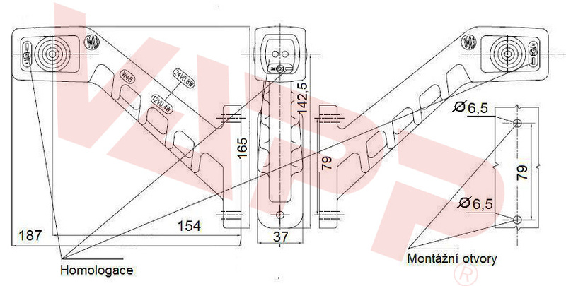 Svítilna doplňková/boční obrysová LED WAS 238P, 12-24V, pravá, 187 mm 