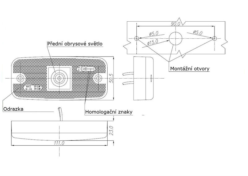 Svítilna přední obrysová LED WAS 225Jw46, 12-24V, s odrazkou, konektor jaeger 0,