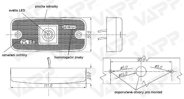 Svítilna přední obrysová LED WAS 225w46, 12-24V, s odrazkou 