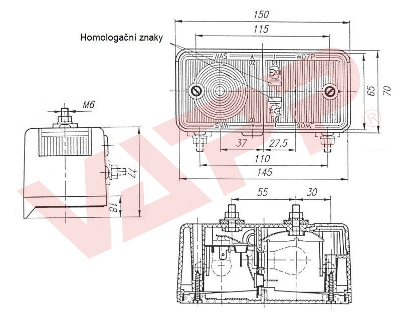 Svítilna WAS W07P/43 sdružená přední, P-BL/OB 
