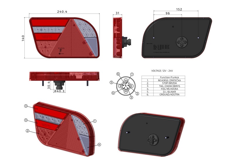 Svítilna GloTrac sdružená LED 12-24V, L-BL/BR/KO/CO/ML, baj6