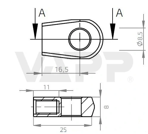 Oko k plynové vzpěře BM, pr. 8,5mm, c=16,5mm, pro závit M6, ocel