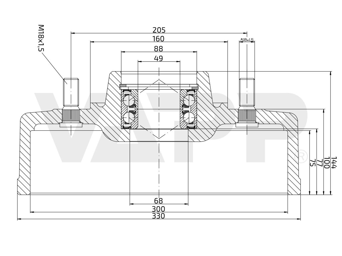 Buben brzdový KNOTT 300x60 (205x6) dvouřadé ložisko