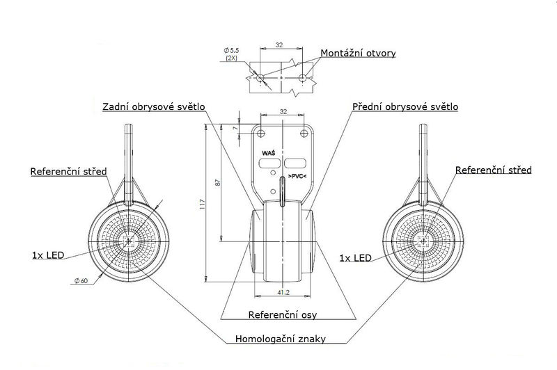 Svítilna doplňková obrysová LED WAS W23rf, 12-24V, závěsná, jaeger konektor 