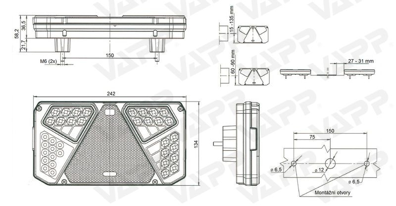 Svítilna WAS W125DL/915 sdružená LED 12-24V, L-BL/BR/KO/ML/CO/RZ