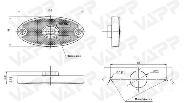 Svítilna boční obrysová LED WAS W64, 12-24V, eliptická 