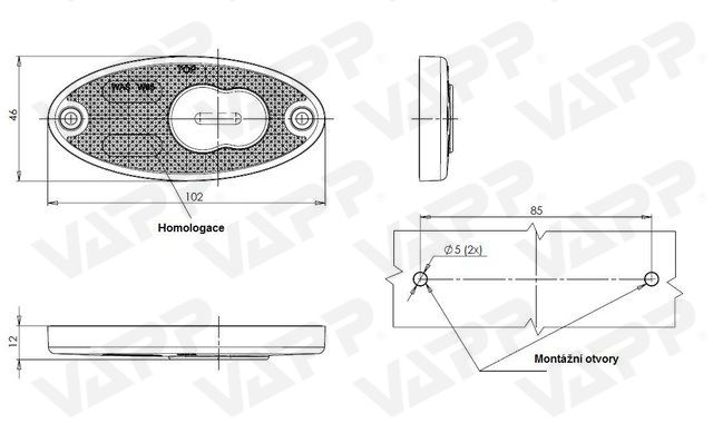 Svítilna boční obrysová LED WAS W65, 12-24V, eliptická asymetrická 