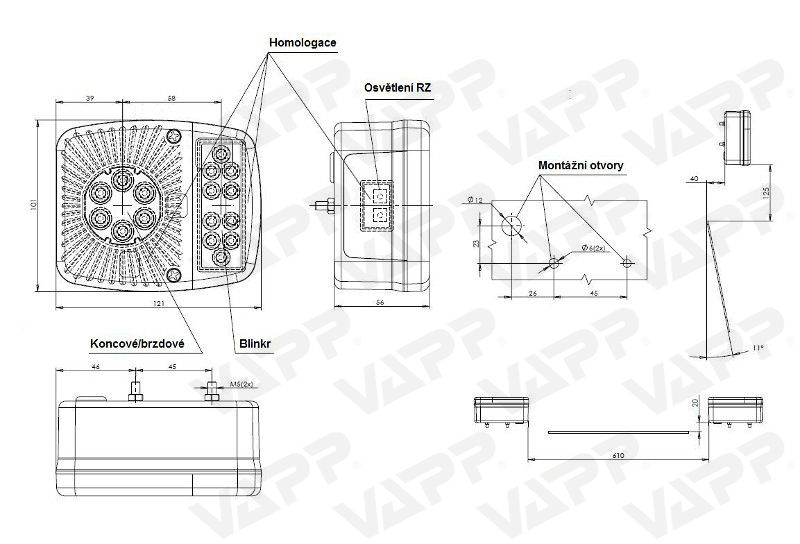 Svítilna WAS W18UD/475 sdružená LED 12-24V, L/P-BL/BR/KO/RZ 
