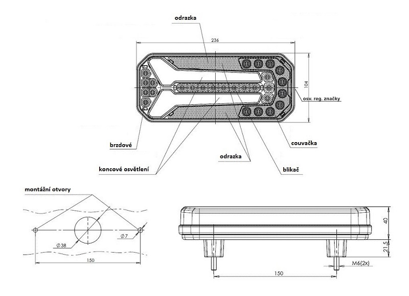 Svítilna WAS W150 sdružená LED 12-24 V, P, BL/BR/KO/CO/RZ,baj5 dynamický blinkr