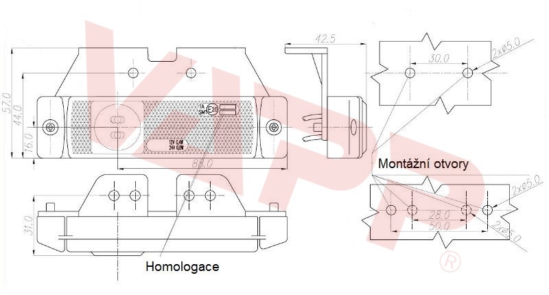 Svítilna boční obrysová LED WAS W45/220Z, 12-24V, s odrazkou, na držáku 