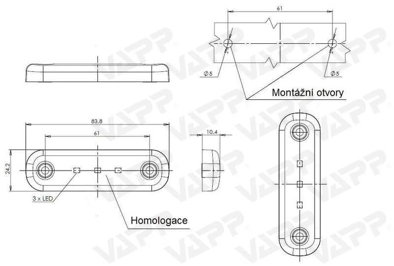 Svítilna boční obrysová LED WAS W97.1, 12-24V, plochá 