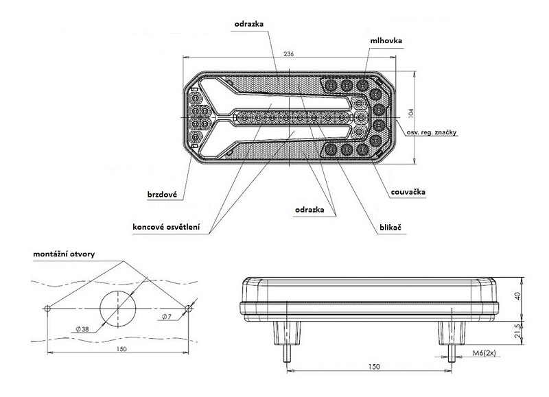 Svítilna WAS W150 sdružená LED 12-24 V, L, BL/BR/KO/ML/RZ, dynamický blinkr