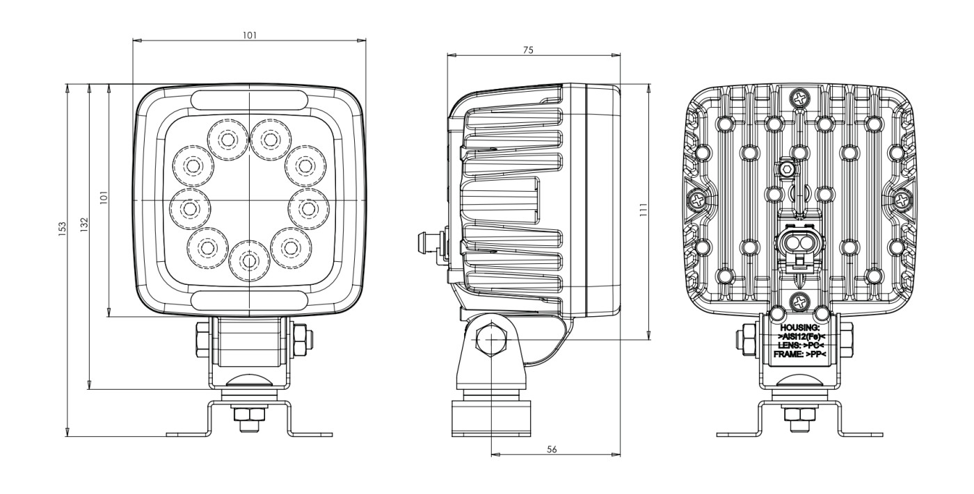 Svítilna pracovní WAS W143 LED 3000 km, 12-70V, konektor Superseal