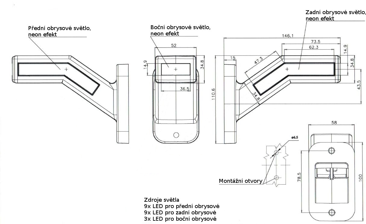 Svítilna doplňková obrysová LED WAS W168.2, 12-24V, pravá, neon ef.